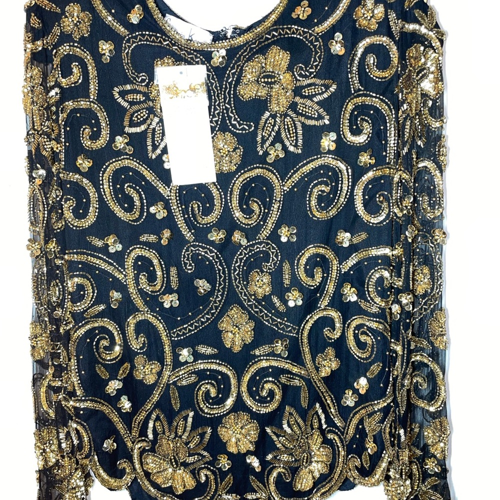 Vintage Laurence Kazar Silk Long Sleeve Blouse Gold Beading & Sequins Sz L NWT